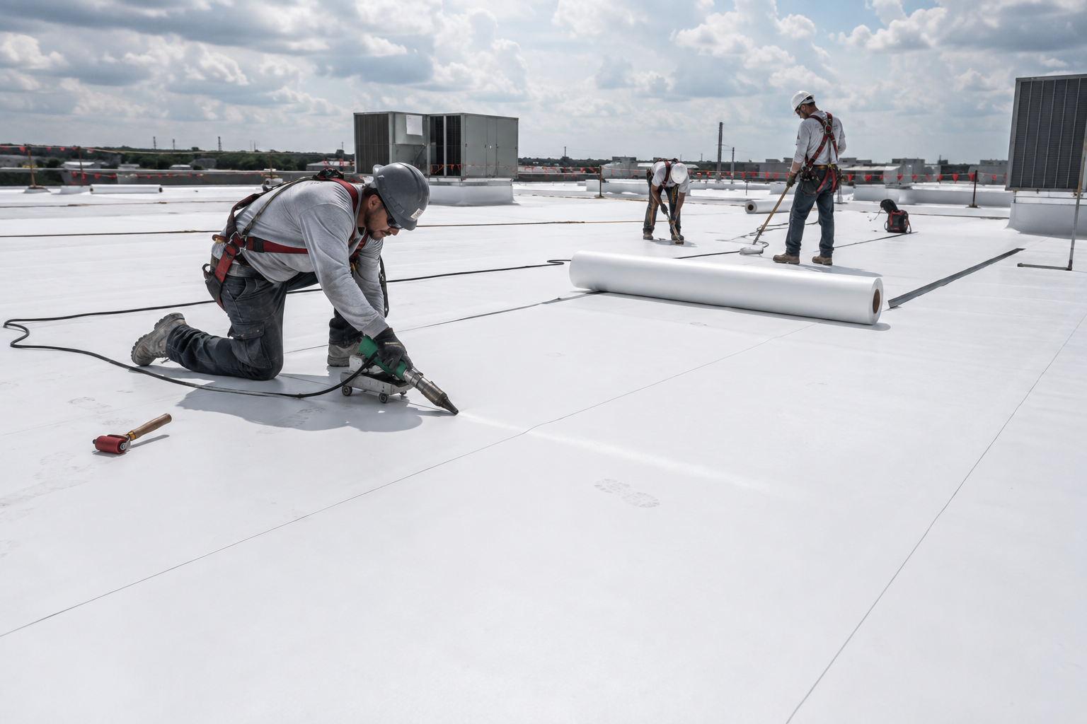 Roofers installing white PVC roofing